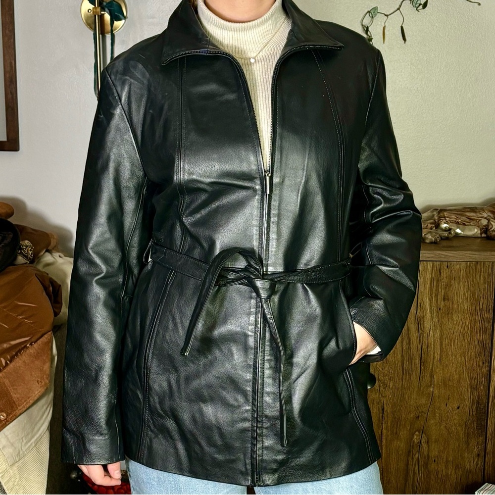 Vintage Y2K Worthington Leather Jacket Large Belted Mid Length Minimalist Luxury